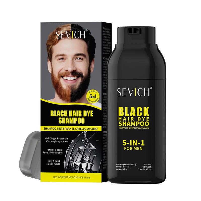 Men's 5-in-1 Shampoo, Beard and Hair Dye, Natural Black, Covers Gray Hair, Hair Thickening, Rosemary 250ml